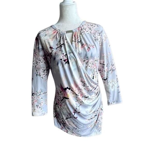 Calvin Klein Y2K Top Floral Ruched Split Neck Stretch Shirt - Picture 16 of 16